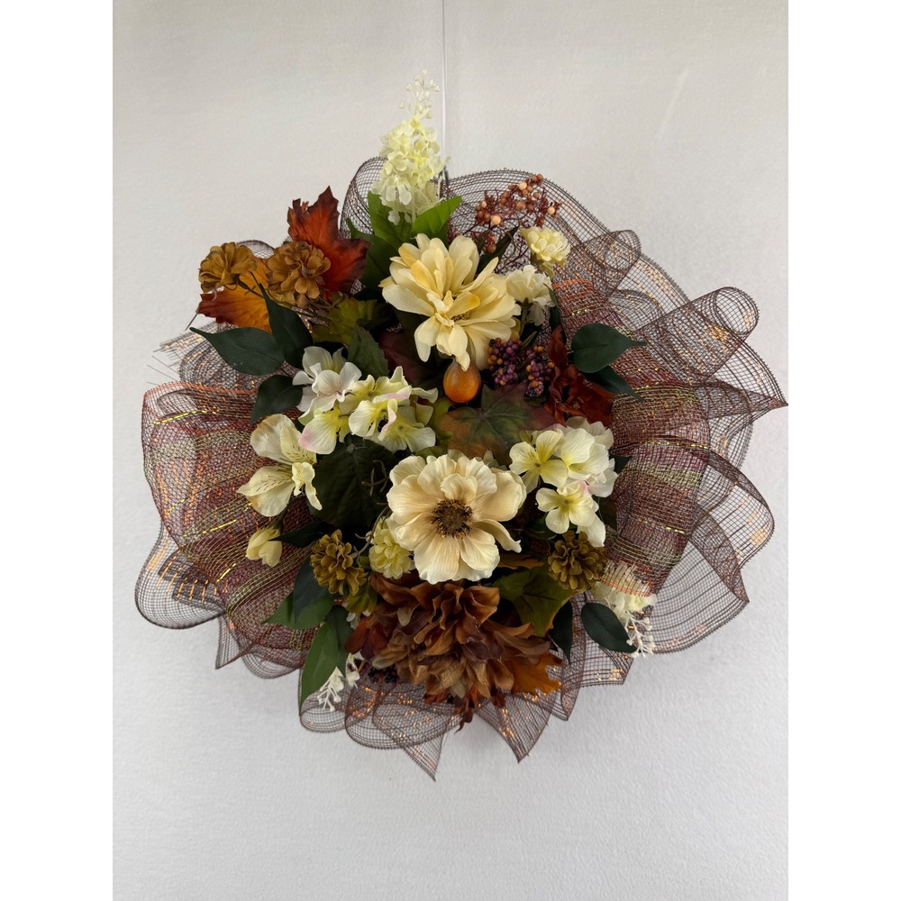 Handmade Fall Floral Deco Mesh Wreath Brown Orange Cream Autumn Door Decor 21in